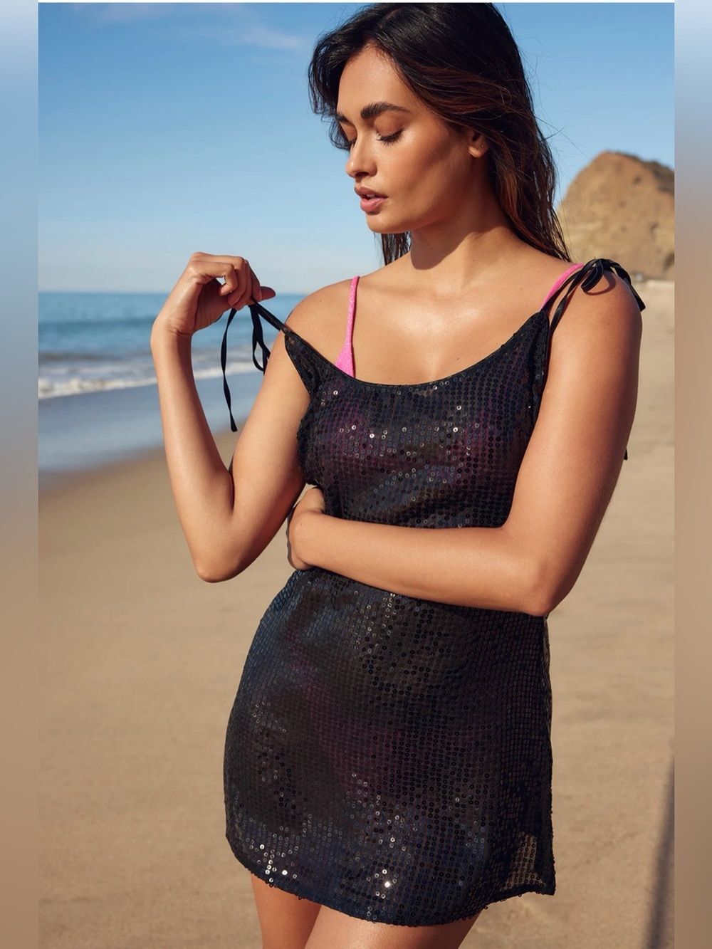NWT LULUS Women Beachside Stunner Black Sequin Swim Cover-Up Size Medium